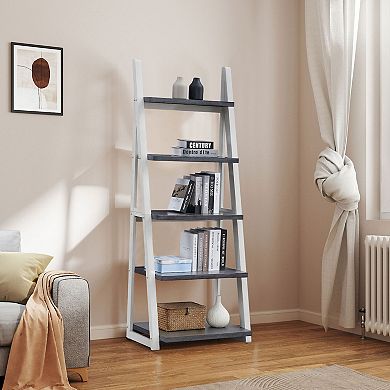 5-Tier Ladder Shelf, Rubberwood Frame Bookcase & Storage Rack, White - for Living Room & Bedroom