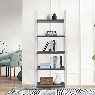 5-Tier Ladder Shelf, Rubberwood Frame Bookcase & Storage Rack, White - for Living Room & Bedroom