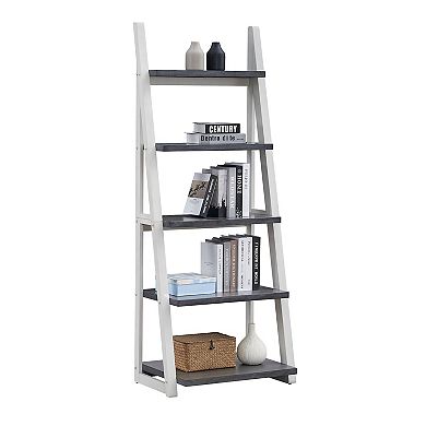 5-Tier Ladder Shelf, Rubberwood Frame Bookcase & Storage Rack, White - for Living Room & Bedroom