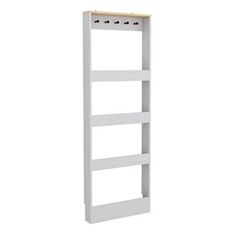 69-inch Tall Bookshelf with 4 tier and 5 Hooks, Narrow Storage Cabinet for Study, White