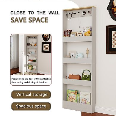 69-inch Tall Bookshelf with 4 Tiers and 5 Hooks, Narrow Storage Cabinet for Study, White