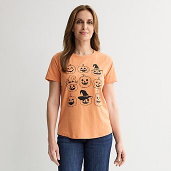 Women's Halloween Glitter Pumpkins Grid Graphic Tee