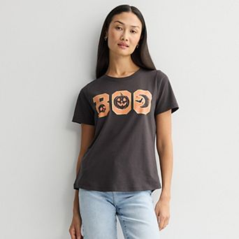 Women's Halloween Foil "BOO" Skull, Pumpkin & Moon Graphic Tee