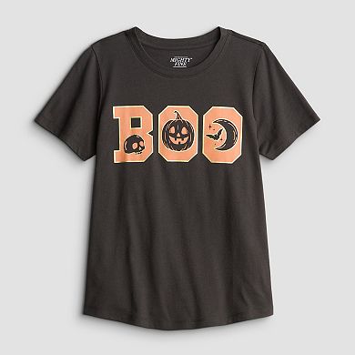Women's Halloween Foil "BOO" Skull, Pumpkin & Moon Graphic Tee