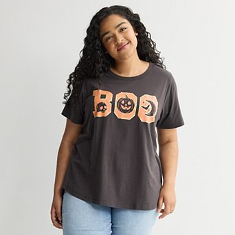Plus Size Halloween Foil "BOO" Skull, Pumpkin & Moon Graphic Tee