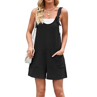 Women's Ribbed Knit Overalls, Tie-Strap Casual Romper with Pockets for Daily Wear