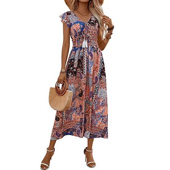 Women's Paisley Floral Print Maxi Dress, Sleeveless V-Neck A-Line Casual Summer Dress