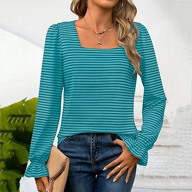 Women's Casual Puff Long-Sleeve Top Square Neck Striped Lightweight Shirts
