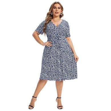 Women Plus Size Drawstring Short Sleeve Comfortable Flattering Fit Dress