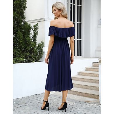Women Ruffle Off Shoulder Dress Short Sleeve Backless Maternity Slit Hem Summer Beach Dresses