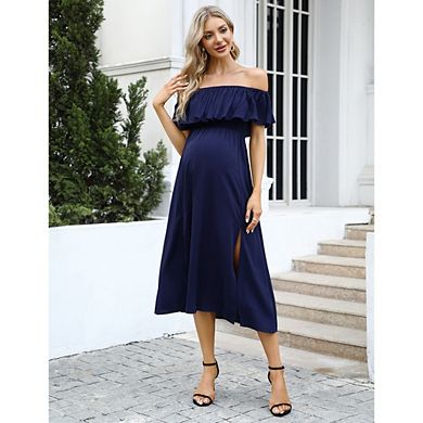 Women Ruffle Off Shoulder Dress Short Sleeve Backless Maternity Slit Hem Summer Beach Dresses