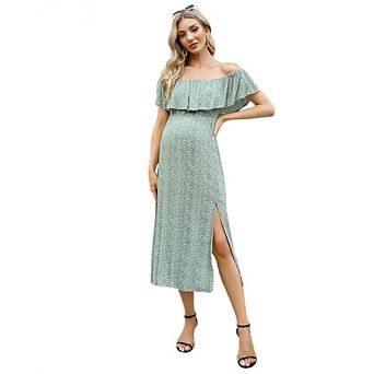 Women Ruffle Off Shoulder Dress Short Sleeve Backless Maternity Slit Hem Summer Beach Dresses