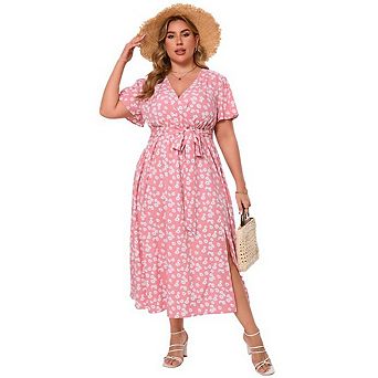 Women Plus Size V Neck Wrap Maxi Dress Short Sleeves High Waist Ruffle Summer Casual Dress with Belt