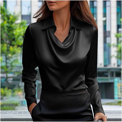 Women's Elegant Cowl Neck Satin Blouse Long Sleeve Office Work Shirt Silk Top