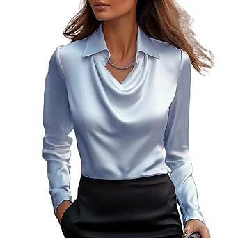 Women's Elegant Cowl Neck Satin Blouse Long Sleeve Office Work Shirt Silk Top
