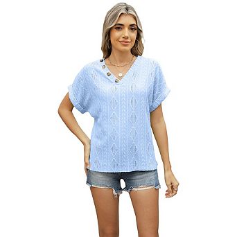 Women's Casual V-Neck Jacquard Short Sleeve Shirt Button Down Hollow Out Solid Color Textured Shirt