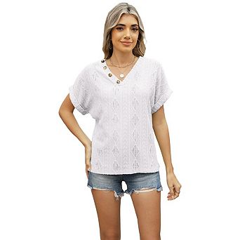 Women's Casual V-Neck Jacquard Short Sleeve Shirt Button Down Hollow Out Solid Color Textured Shirt