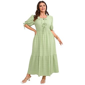 Summer Dress for Women Plus Size Short Puff Sleeve Crew Neck Ruffle Flowy A Line Tiered Long Dresses