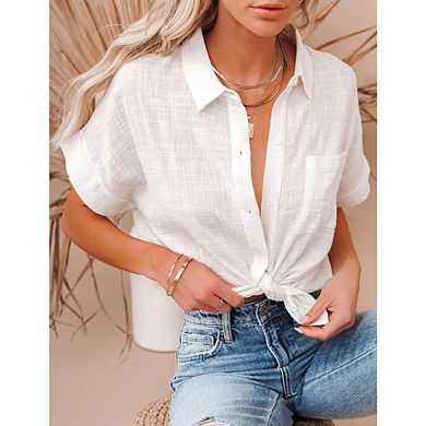 Women's Casual Solid Color Slim Fit Short Sleeve Shirt V-Neck Collar Button Down with Pockets.