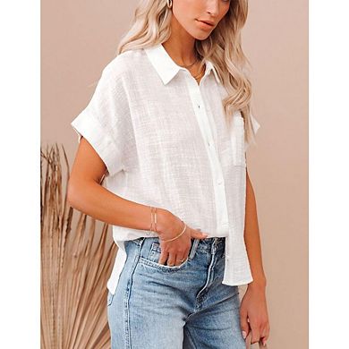 Women's Casual Solid Color Slim Fit Short Sleeve Shirt V-Neck Collar Button Down with Pockets.