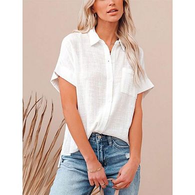 Women's Casual Solid Color Slim Fit Short Sleeve Shirt V-Neck Collar Button Down with Pockets.