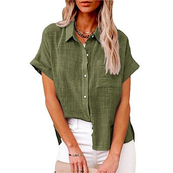 Women's Casual Solid Color Slim Fit Short Sleeve Shirt V-Neck Collar Button Down with Pockets.