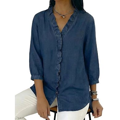 Womens Denim Shirt Button Down 3/4 Sleeve Ruffled Edge Jean Blouses Tops