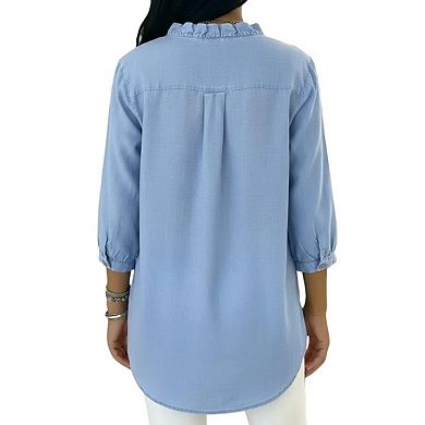 Womens Denim Shirt Button Down 3/4 Sleeve Ruffled Edge Jean Blouses Tops
