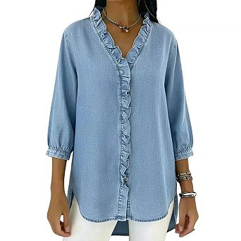 Womens Denim Shirt Button Down 3/4 Sleeve Ruffled Edge Jean Blouses Tops