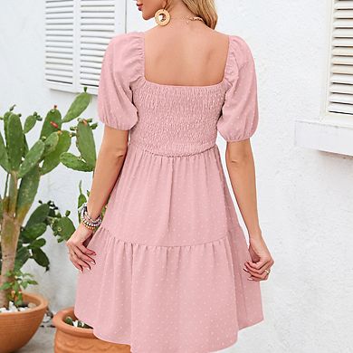 Women's Square Neck Puff Short Sleeve Swiss Dot Smocked Tiered Midi Dress