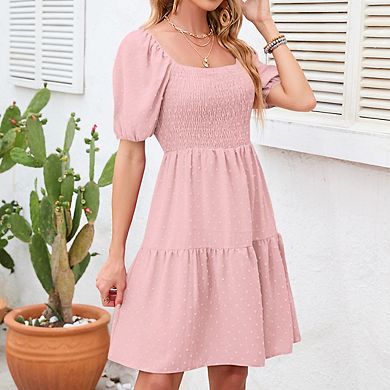 Women's Square Neck Puff Short Sleeve Swiss Dot Smocked Tiered Midi Dress
