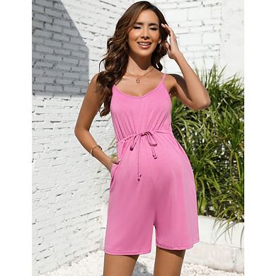 Womens Maternity Shorts Casual Spaghetti Strap Jumpsuits Tie Waist Short Romper