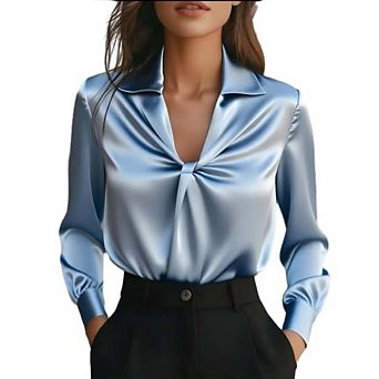 Womens Satin Blouse Long Sleeve V Neck Lapel CollarTwist Front Causal Dressy Work Office Shirt