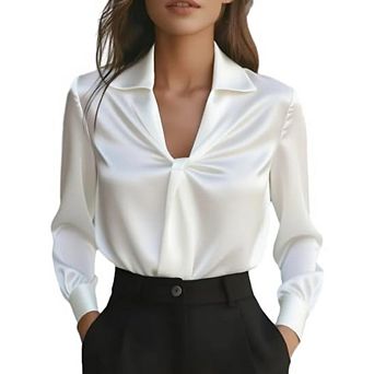 Womens Satin Blouse Long Sleeve V Neck Lapel CollarTwist Front Causal Dressy Work Office Shirt