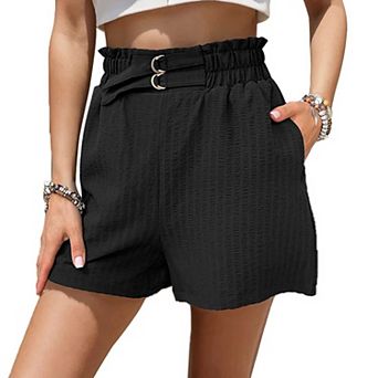 Women's High Waisted Textured Casual Shorts with Pockets, Summer Paperbag Waist Shorts