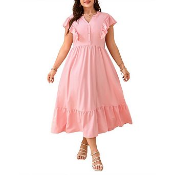 Plus-Size Women'S Boho Dress Midi Sleeveless V-Neck Button-Down Ruffle Maxi Dress