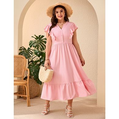 Plus-Size Women'S Boho Dress Midi Sleeveless V-Neck Button-Down Ruffle Maxi Dress