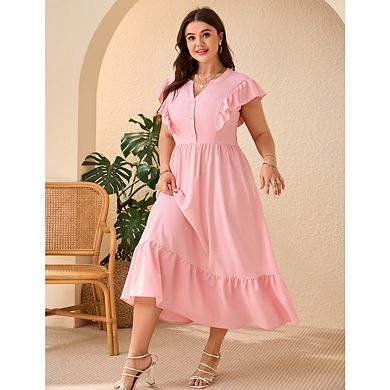 Plus-Size Women'S Boho Dress Midi Sleeveless V-Neck Button-Down Ruffle Maxi Dress