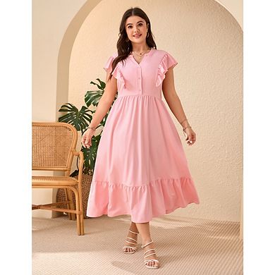 Plus-Size Women'S Boho Dress Midi Sleeveless V-Neck Button-Down Ruffle Maxi Dress