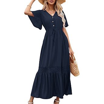 Women's Boho Hollow Out Ruffled Maxi Dress V-Neck High Waist Flowy Belt Midi Dress