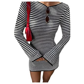 Women's Boho Striped Color Block Bodycon Dress High Waist Slim Fit Flared Sleeve Mini Dress