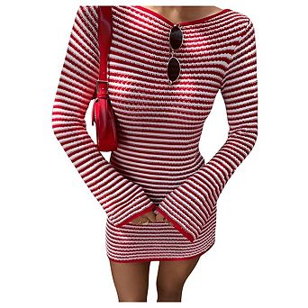Women's Boho Striped Color Block Bodycon Dress High Waist Slim Fit Flared Sleeve Mini Dress