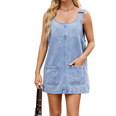 Women's Square Neck Sleeveless Relaxed Fit Denim Mini Dress with Pockets
