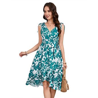 Women's Casual A-Line V-Neck Sundress Floral Print Short Suspender Belt Dress
