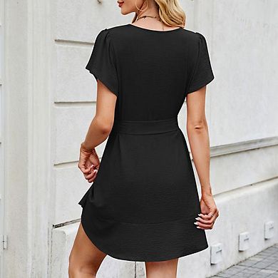 Women's V Neck Short Sleeve Button Front Mini Dress Tie Waist with Pockets