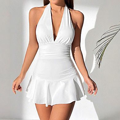 Women's Halter Neck Deep V Neck Ruched Waist Tiered Ruffle Mini Dress