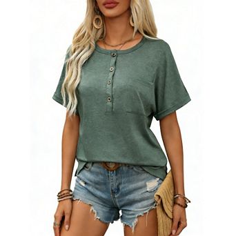 Womens Short Sleeve V Neck T Shirts Business Casual Dressy Tops Henley Loose Fit Basic Summer Outfit