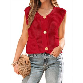 Womens Hollow Out Crochet Sweater Knit Shirt Sleeveless Cardigan Vest Button Front Pocket Summer Top