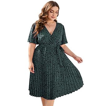 Women Plus Size V Neck Wrap Dress High Waisted Short Sleeves Casual Midi Dress with Belt