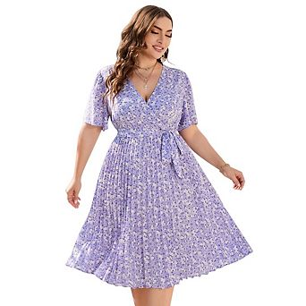 Women Plus Size V Neck Wrap Dress High Waisted Short Sleeves Casual Midi Dress with Belt
